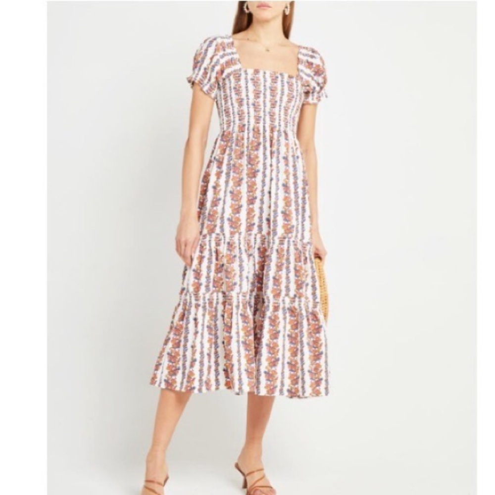 Smocked Square-Neck Midi Dress in White and Brown Floral
